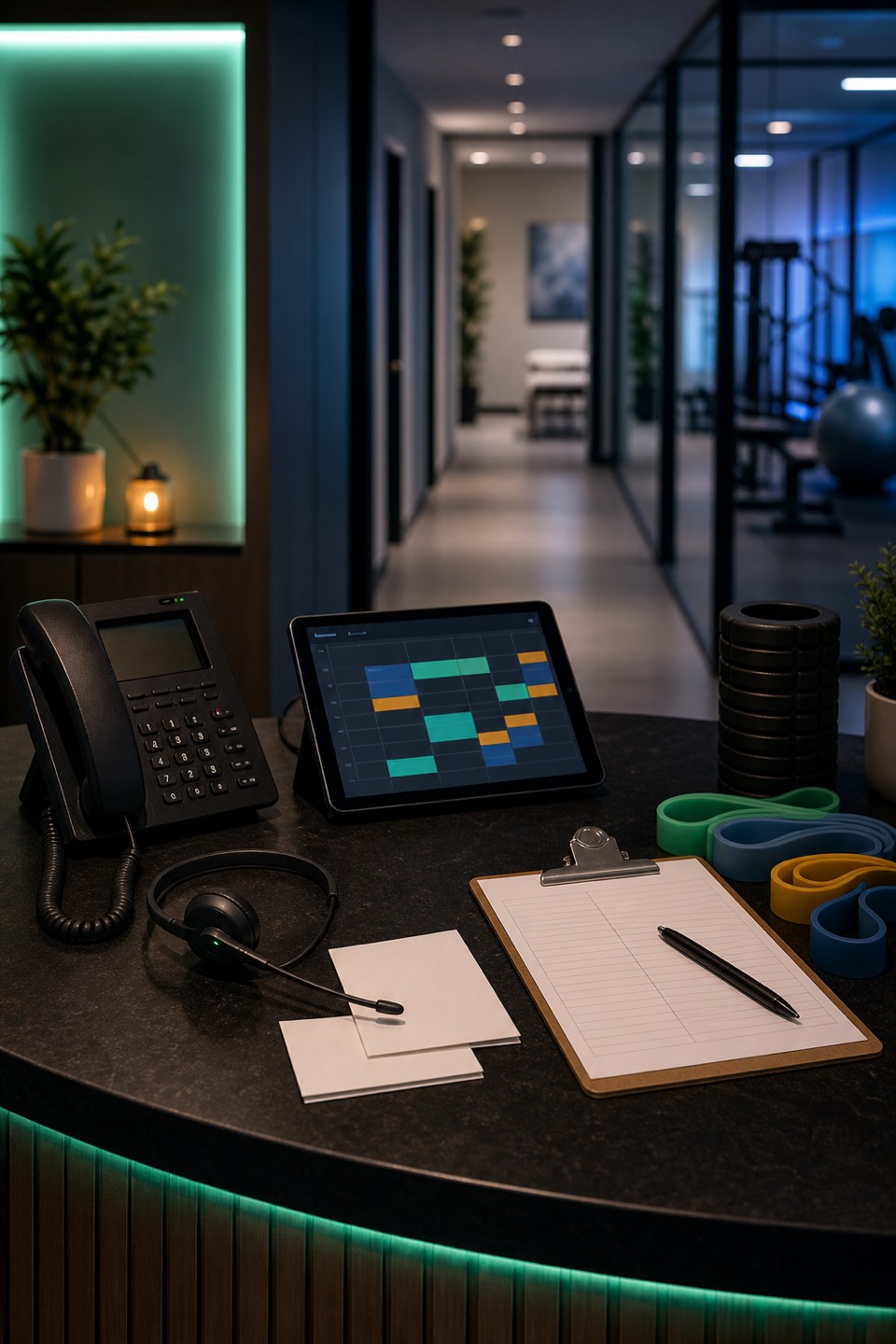 Physical therapy cancellation and waitlist recovery desk with phone, headset, scheduling tablet, blank waitlist clipboard, therapy bands, and clinic hallway.