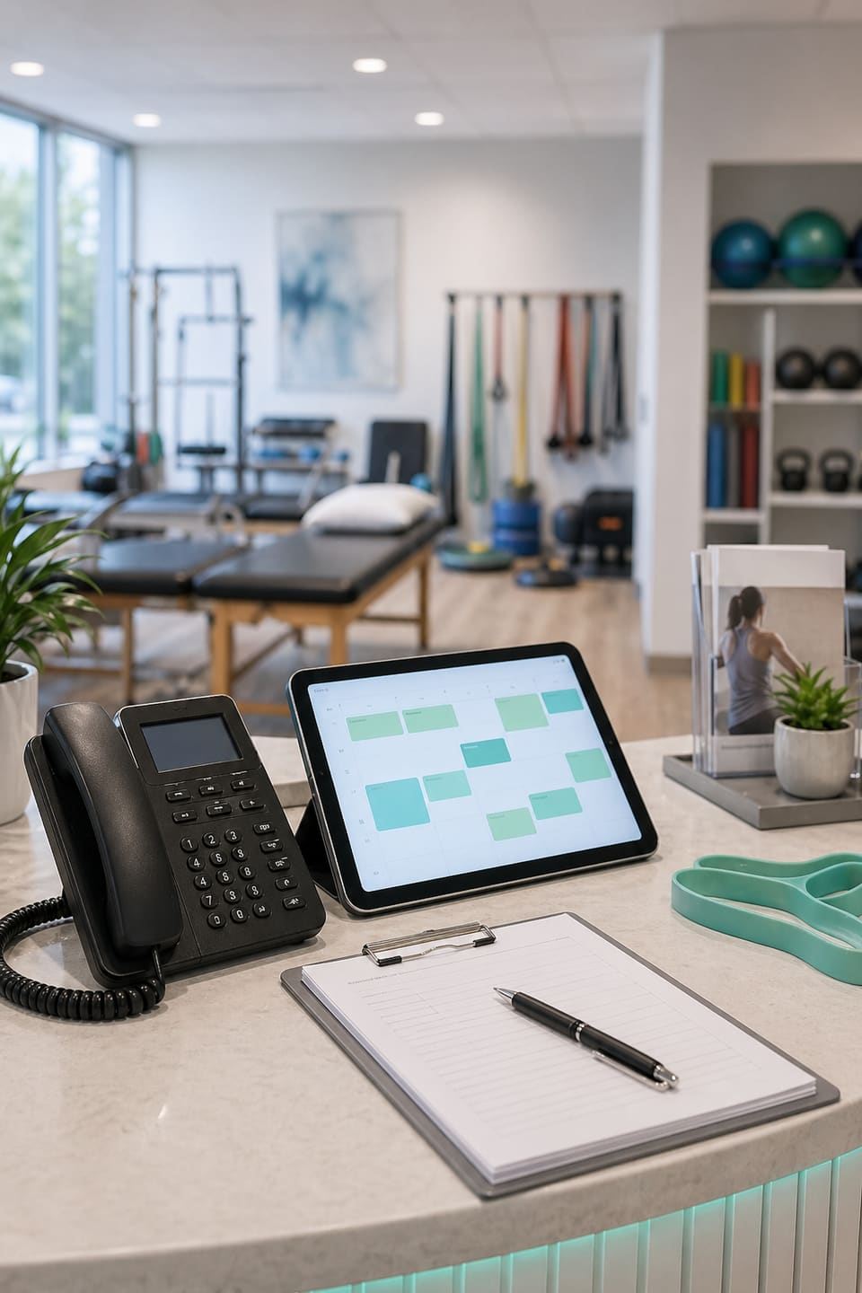 Physical therapy clinic reception desk with phone, appointment tablet, and rehab floor background.
