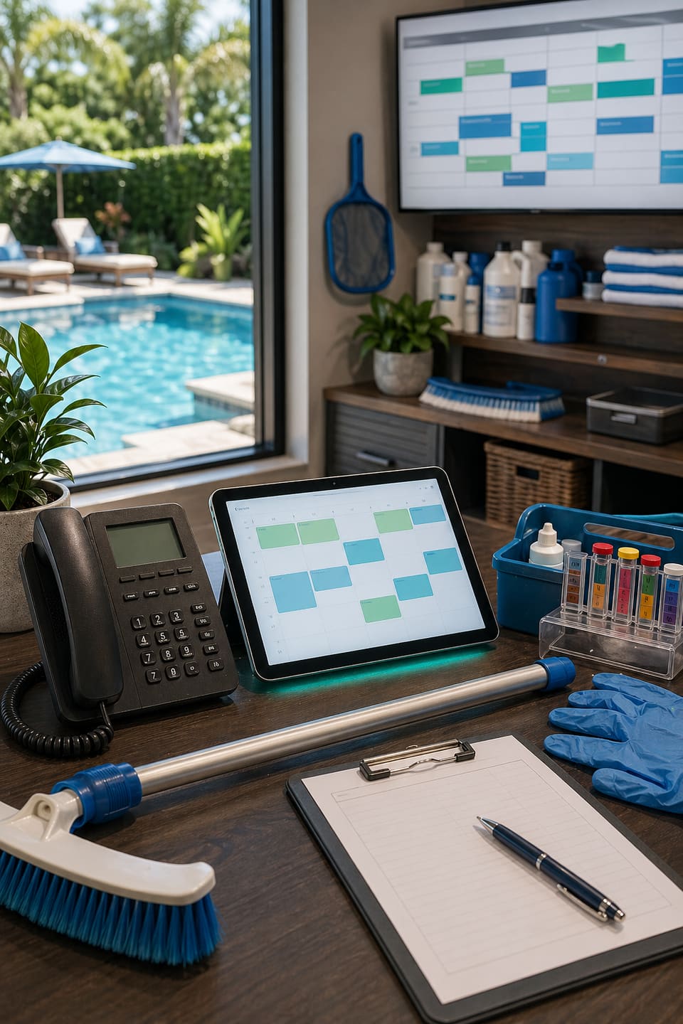 Pool service dispatch desk with phone, route tablet, testing kit, and sunlit pool background.