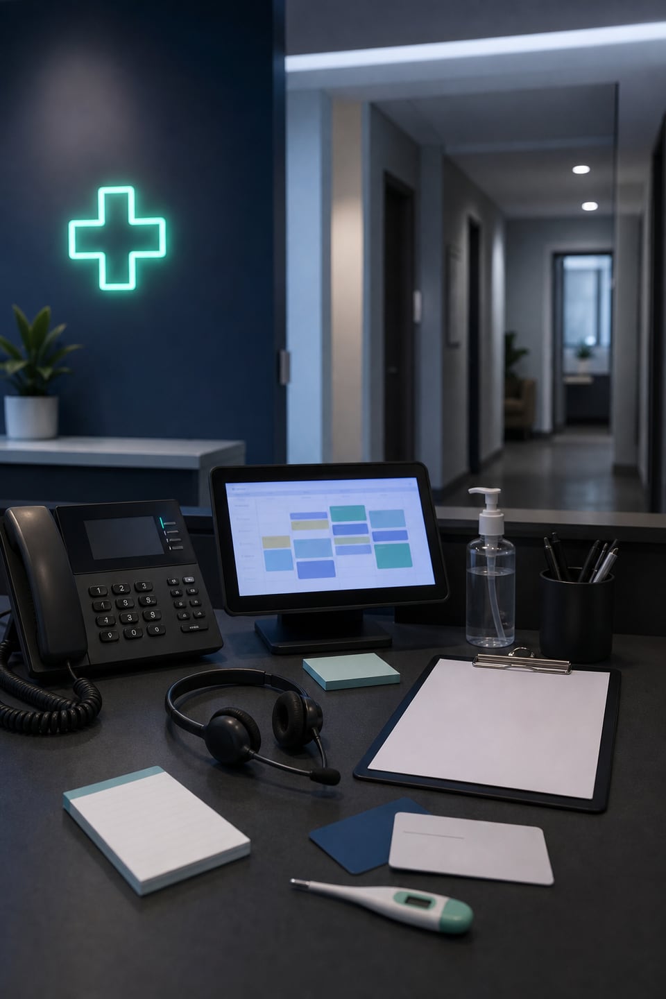 Primary care same-day sick visit call desk with phone, headset, scheduling tablet, blank intake clipboard, thermometer, sanitizer, and clinic hallway.