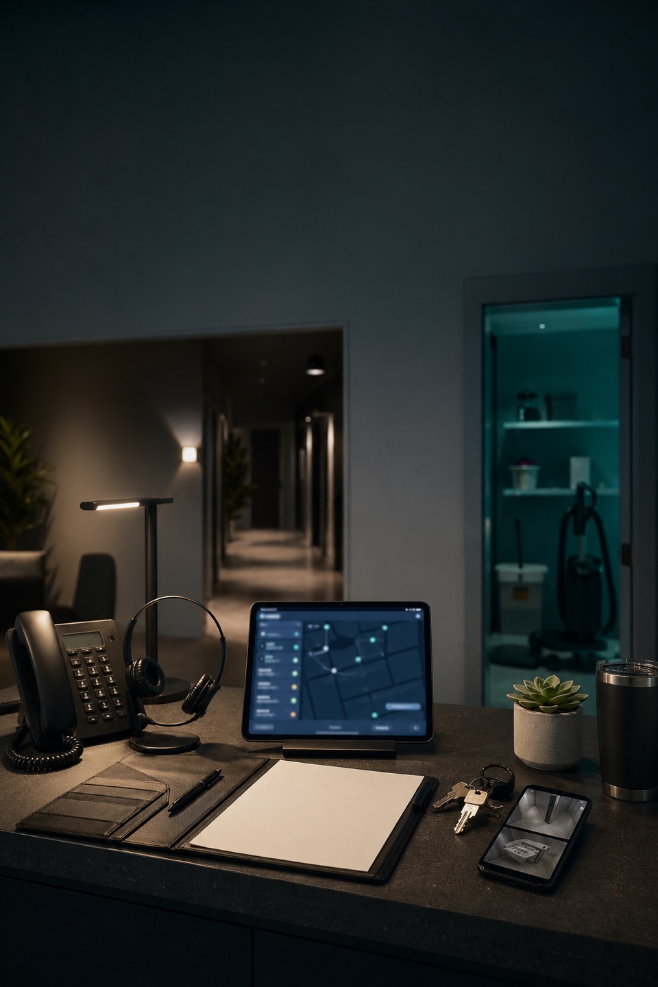 Overnight property management intake desk with phone, headset, status tablet, apartment keys, maintenance folder, and subtle teal accents.