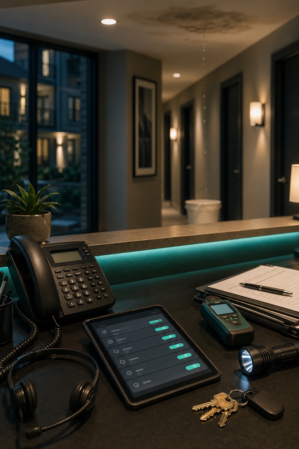 Property management ceiling leak intake desk with phone, headset, status tablet, apartment keys, moisture meter, flashlight, and ceiling-drip context.