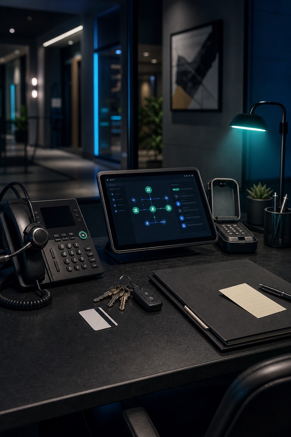 After-hours property management lockout desk with phone, headset, apartment keys, access card, lockbox, and resident access notes.