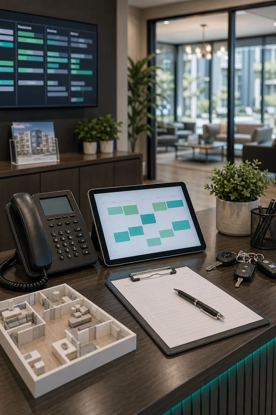 Property management office desk with phone, leasing tablet, keys, and maintenance intake materials.