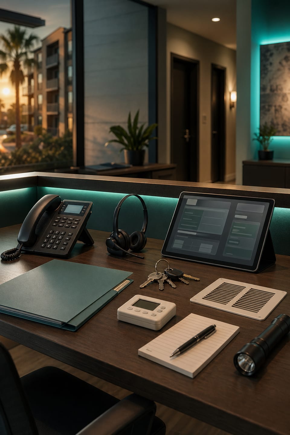 Property management no-AC intake desk with phone, headset, status tablet, apartment keys, thermostat, vent grille, and apartment hallway context.