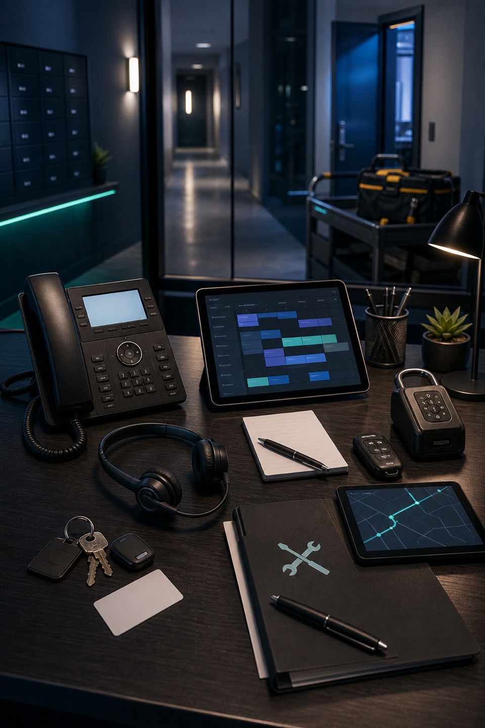 Property management no-access and no-show maintenance desk with phone, headset, scheduling tablet, apartment keys, access card, lockbox, gate remote, and vendor coordination context.