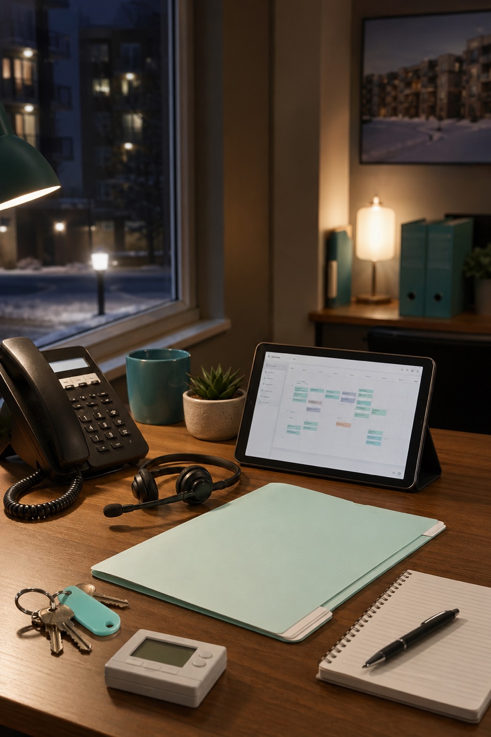 Property management no-heat intake desk with phone, headset, status tablet, apartment keys, thermostat, maintenance folder, and winter office context.