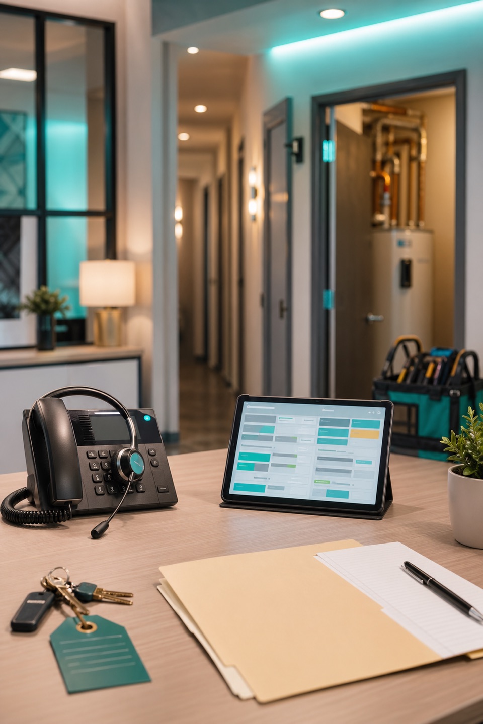 Property management no-hot-water intake desk with phone, headset, status tablet, apartment keys, maintenance folder, and water heater service context.