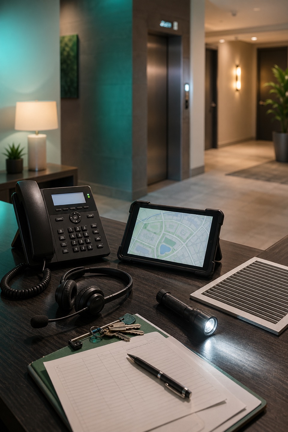 Property management odor complaint intake desk with phone, headset, route tablet, apartment keys, hallway, vent grille, and inspection flashlight.