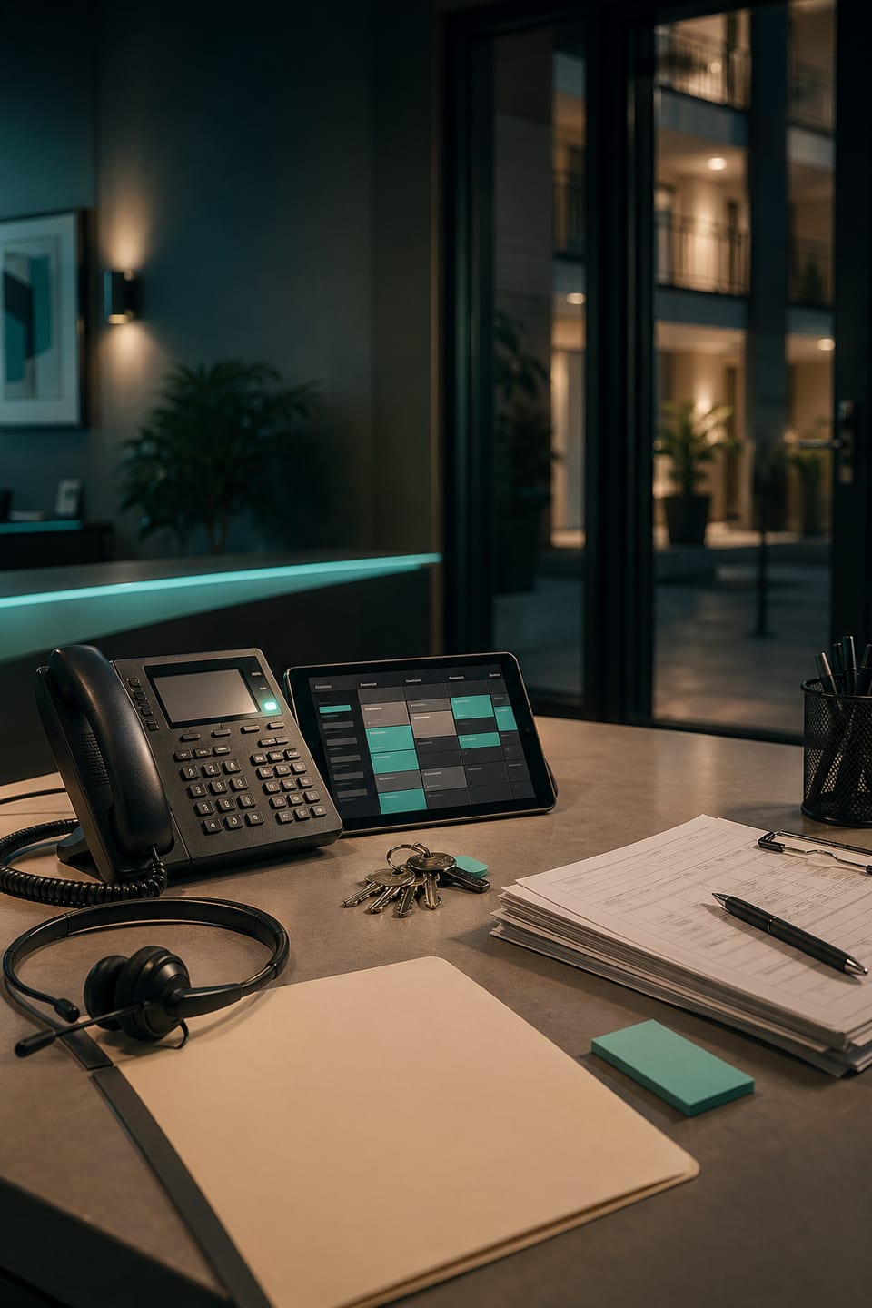 Property management owner update intake desk with phone, headset, status tablet, apartment keys, blank maintenance folder, and subtle teal accents.