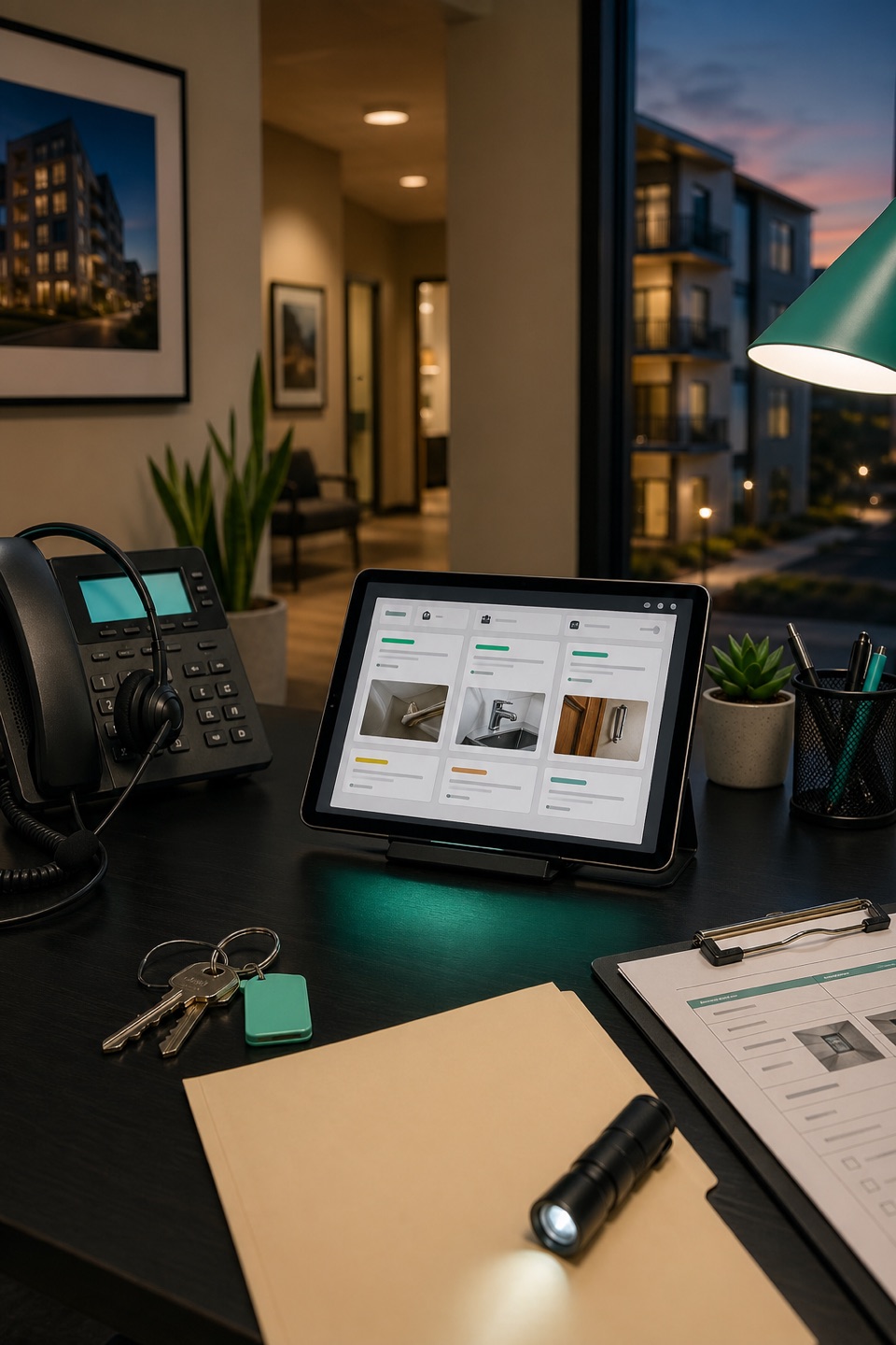 Property management photo proof intake desk with phone, headset, route tablet, apartment keys, inspection flashlight, and proof context.