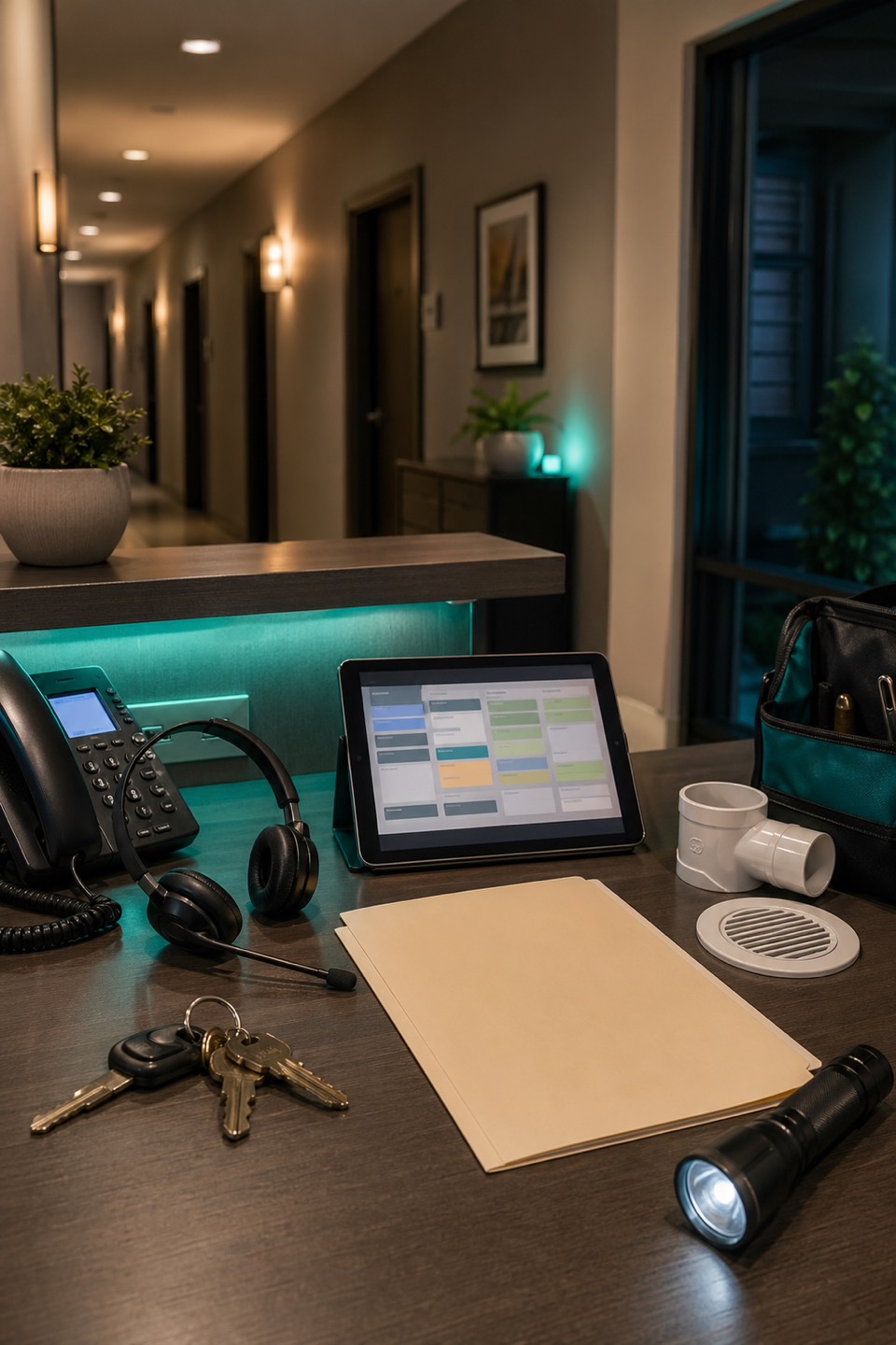 Property management repeat sewer smell intake desk with phone, headset, status tablet, apartment keys, drain vent cues, and hallway context.