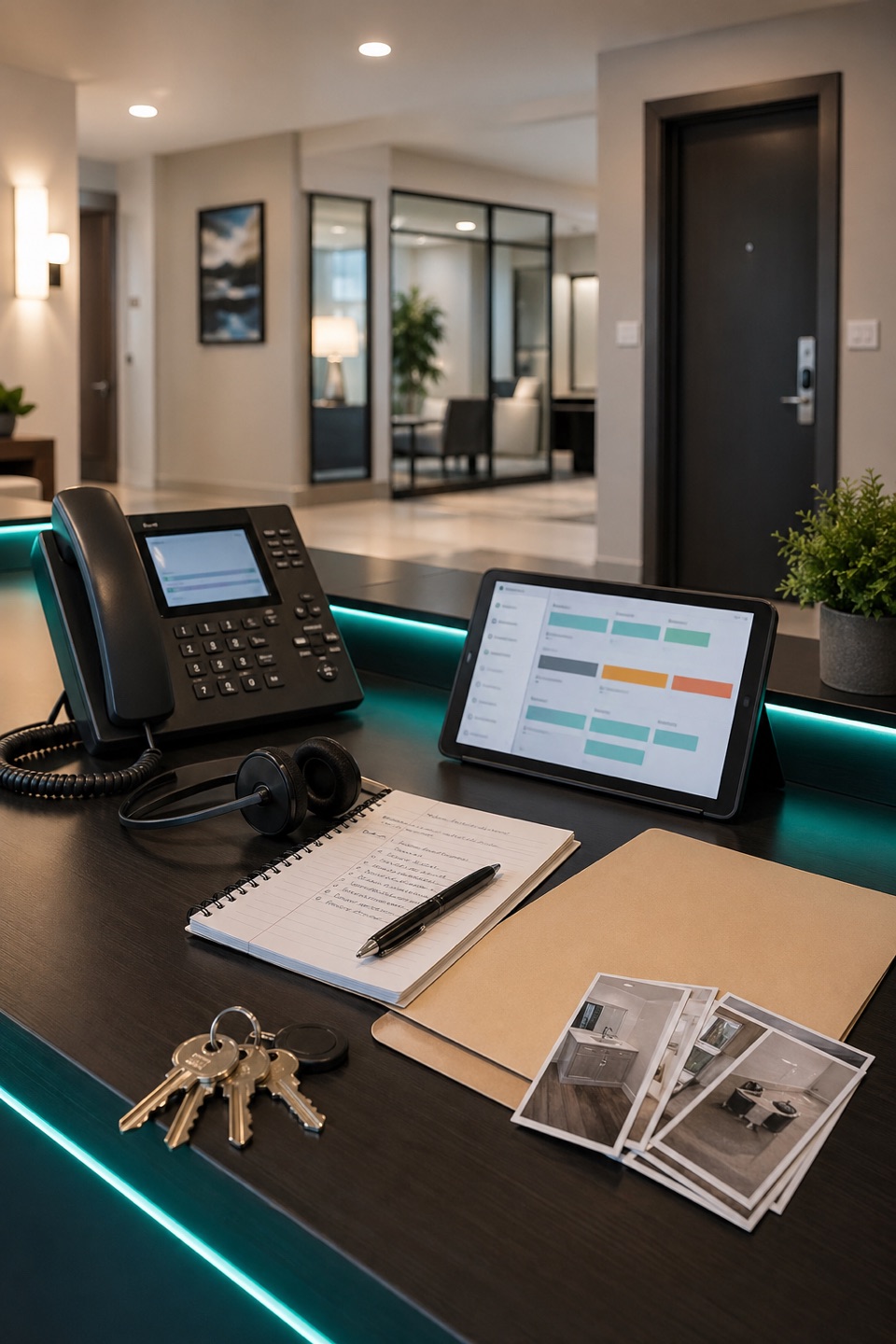 Property management repeat complaint intake desk with phone, headset, status tablet, apartment keys, proof photos, and leasing office background.