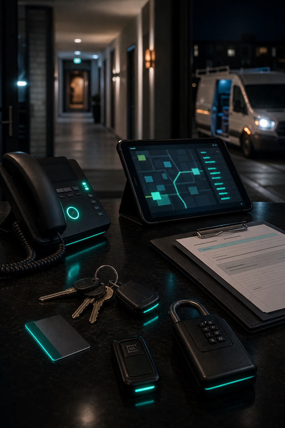Property management vendor access desk with phone, status tablet, apartment keys, access card, lockbox, maintenance folder, and after-hours service context.