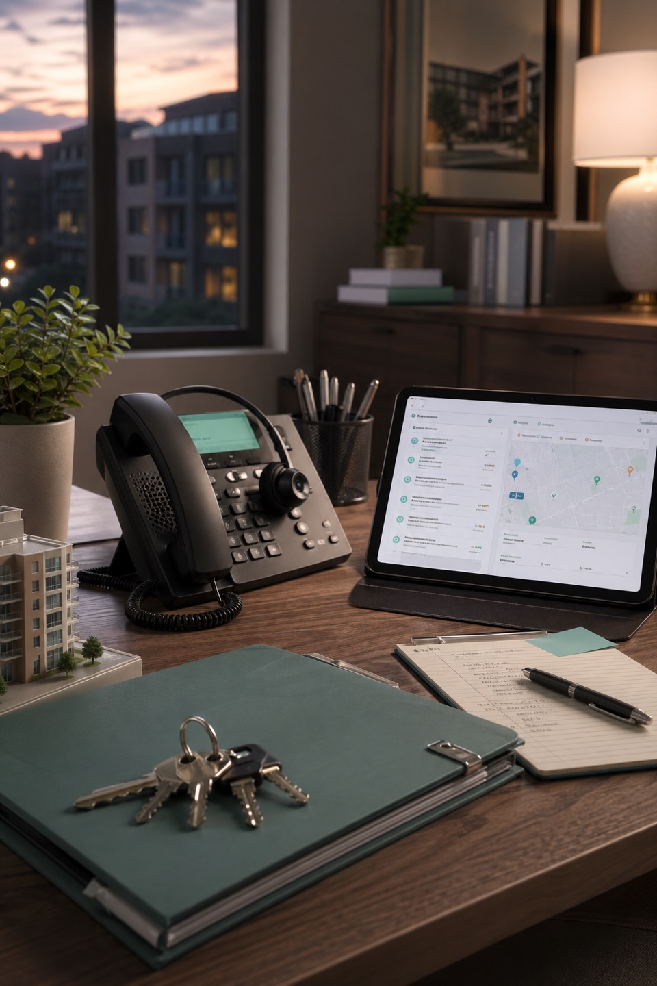 Property management owner update desk with phone, headset, vendor status tablet, apartment keys, maintenance folder, and subtle teal accents.