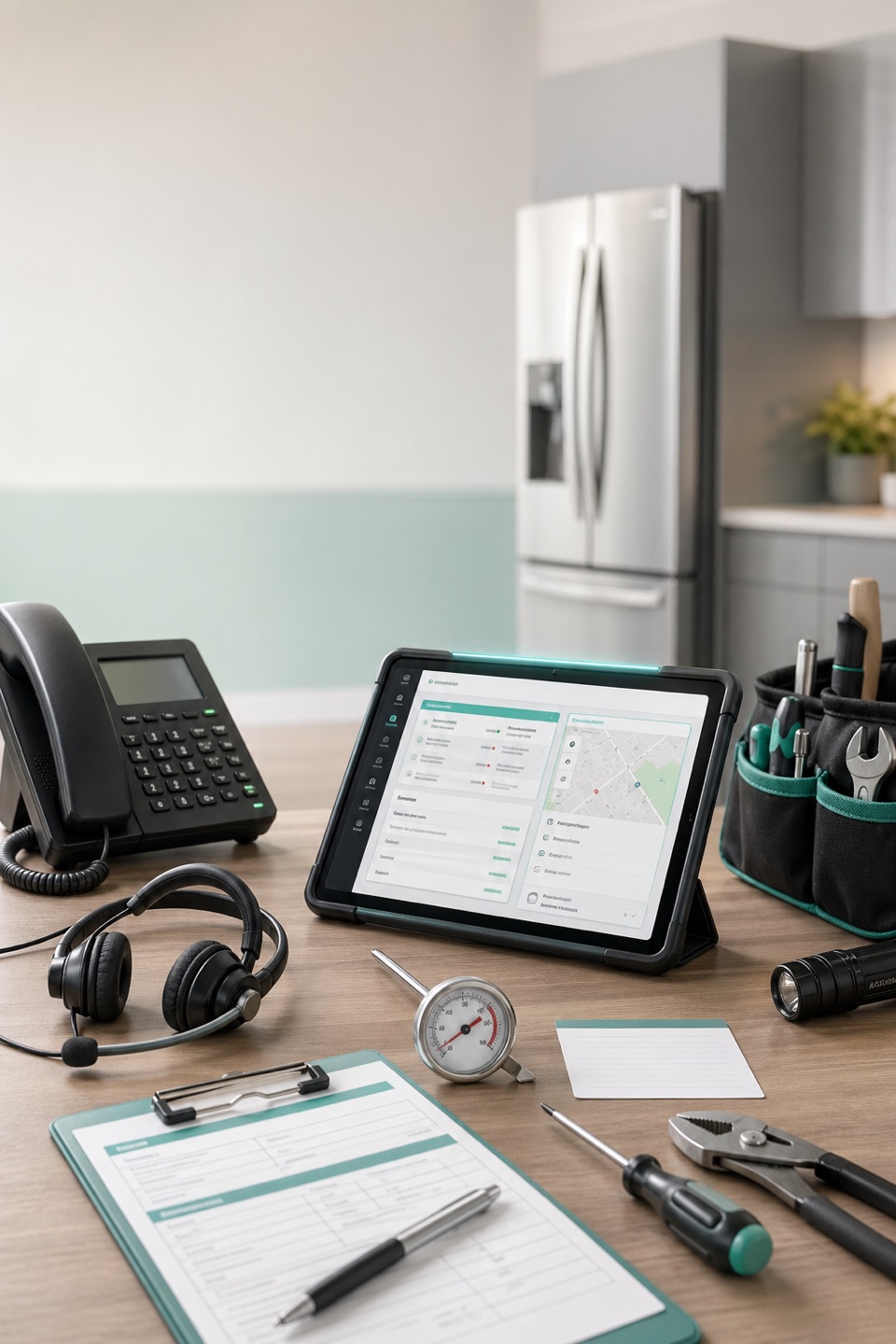 Emergency appliance repair dispatch workbench with phone, headset, tablet, refrigerator thermometer, service tools, and kitchen service context.