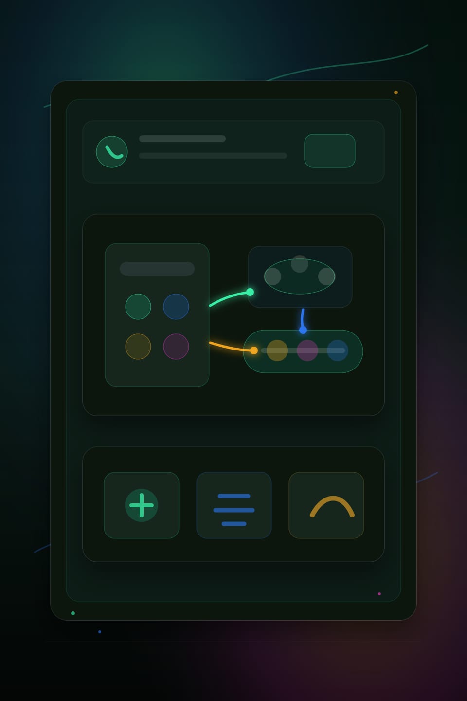 Restaurant host stand with phone, reservation tablet, catering tray, private dining table plan, and neon mint call-flow accents.