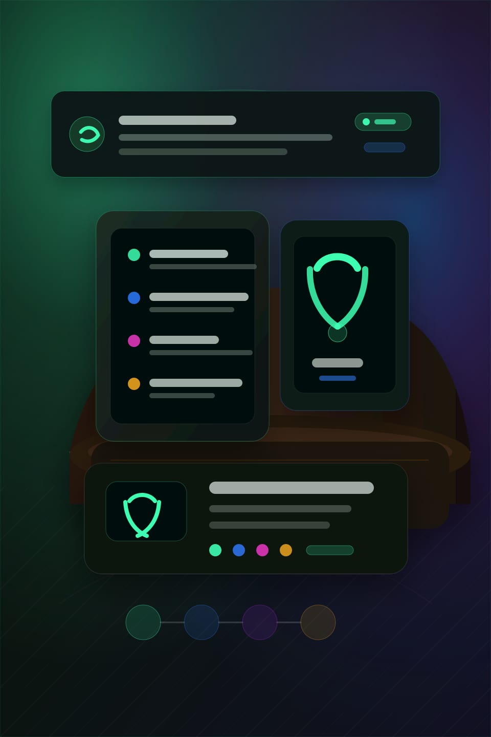 Restaurant host stand with phone, headset, reservation tablet, waitlist board, table cards, and neon mint call cues.