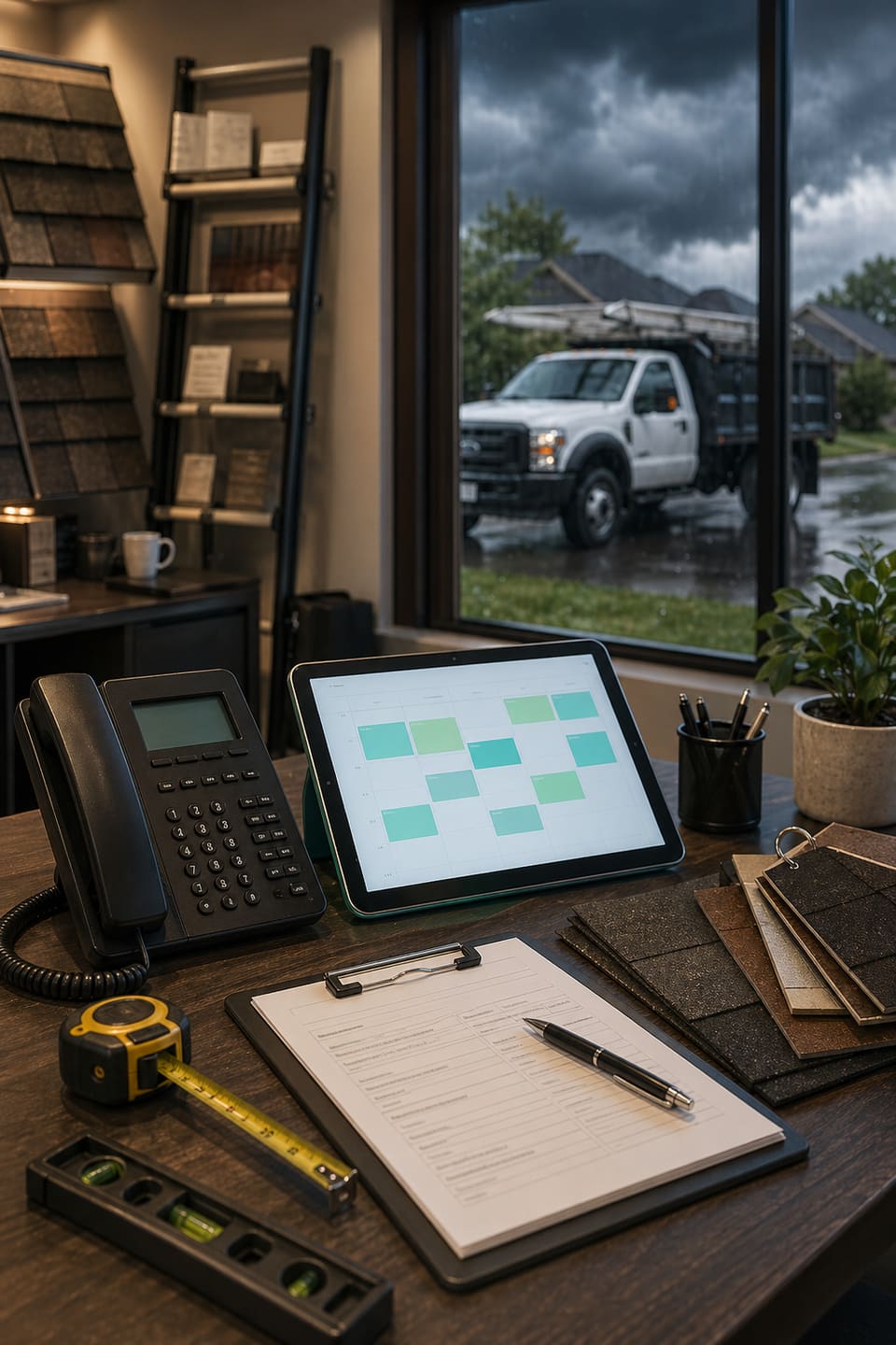 Roofing contractor estimate desk with phone, scheduling tablet, shingles, and measuring tools.