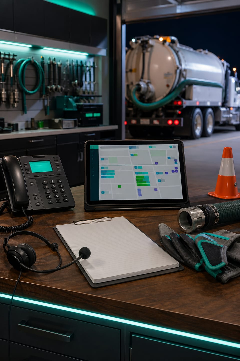 Emergency septic backup dispatch workbench with phone, dispatch tablet, headset, pump-truck notes, gloves, and clean service equipment.