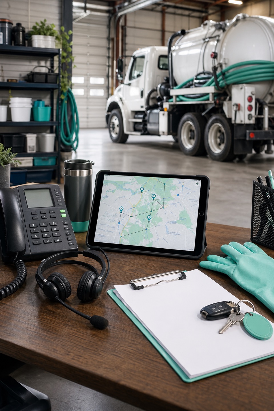 Septic service dispatch desk with phone, route tablet, headset, gloves, and pump truck in a clean service garage.