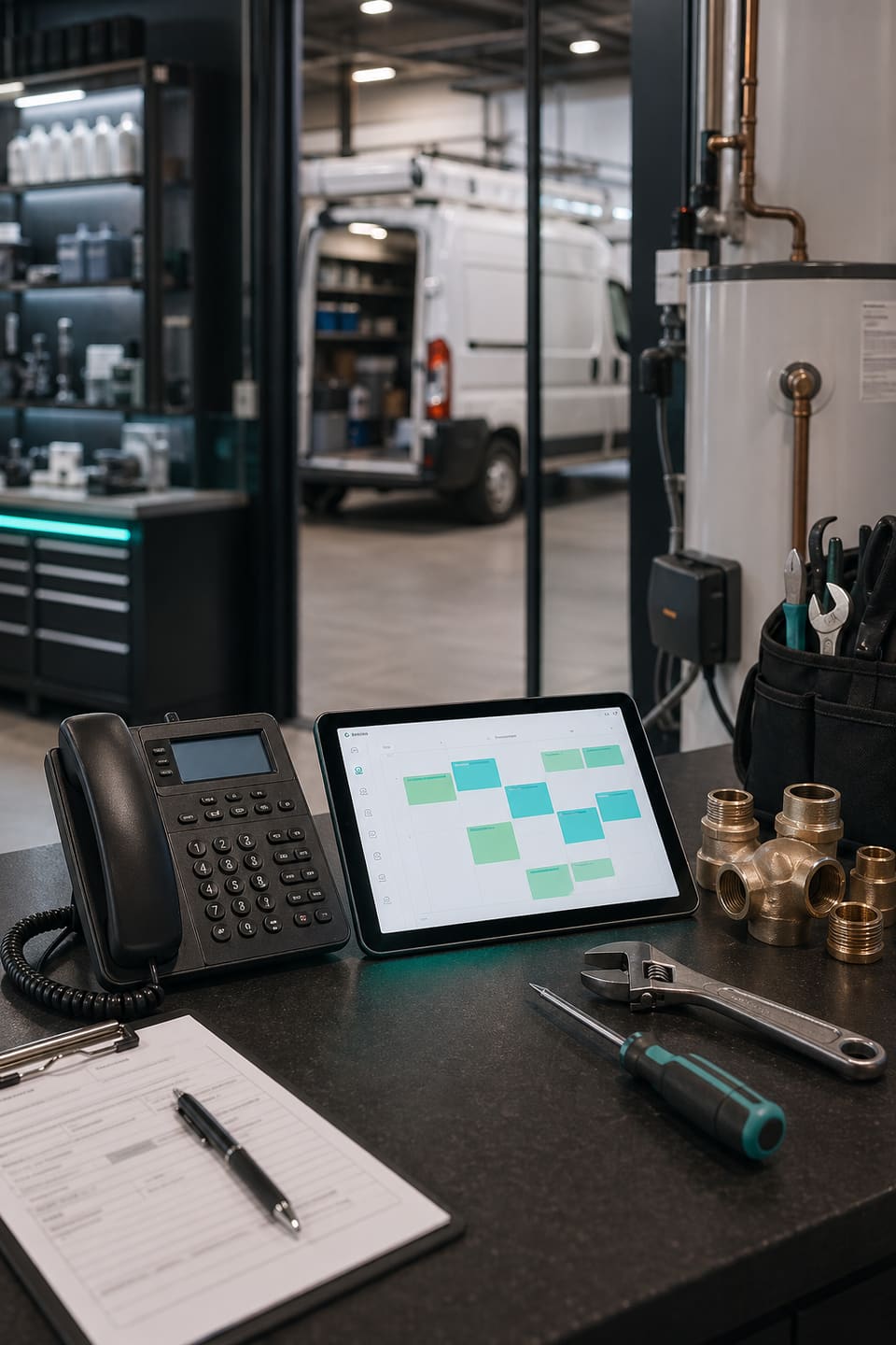 Emergency plumbing dispatch desk with phone, route tablet, headset, clean drain equipment, and sewer-backup call notes.