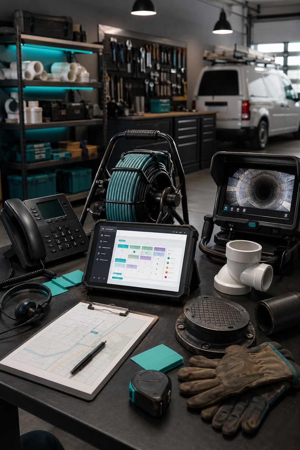Sewer line repair dispatch workbench with phone, headset, sewer camera reel, inspection monitor, cleanout cap, route tablet, and teal accents.