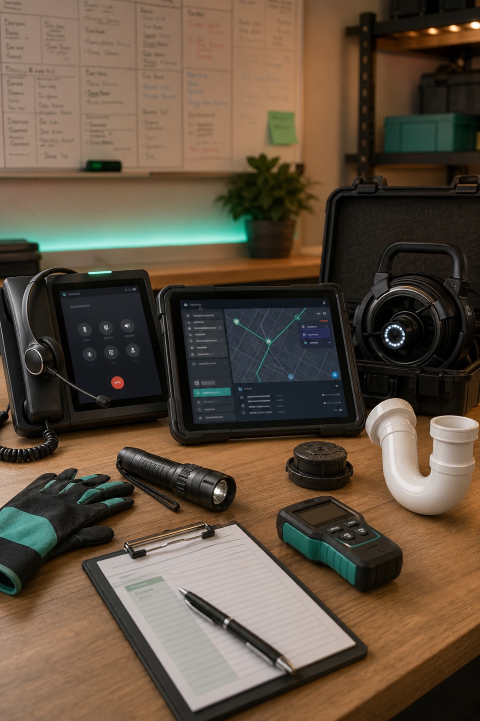 Emergency plumbing dispatch workbench with phone, route tablet, drain camera case, P-trap sample, flashlight, and sewer smell call notes.