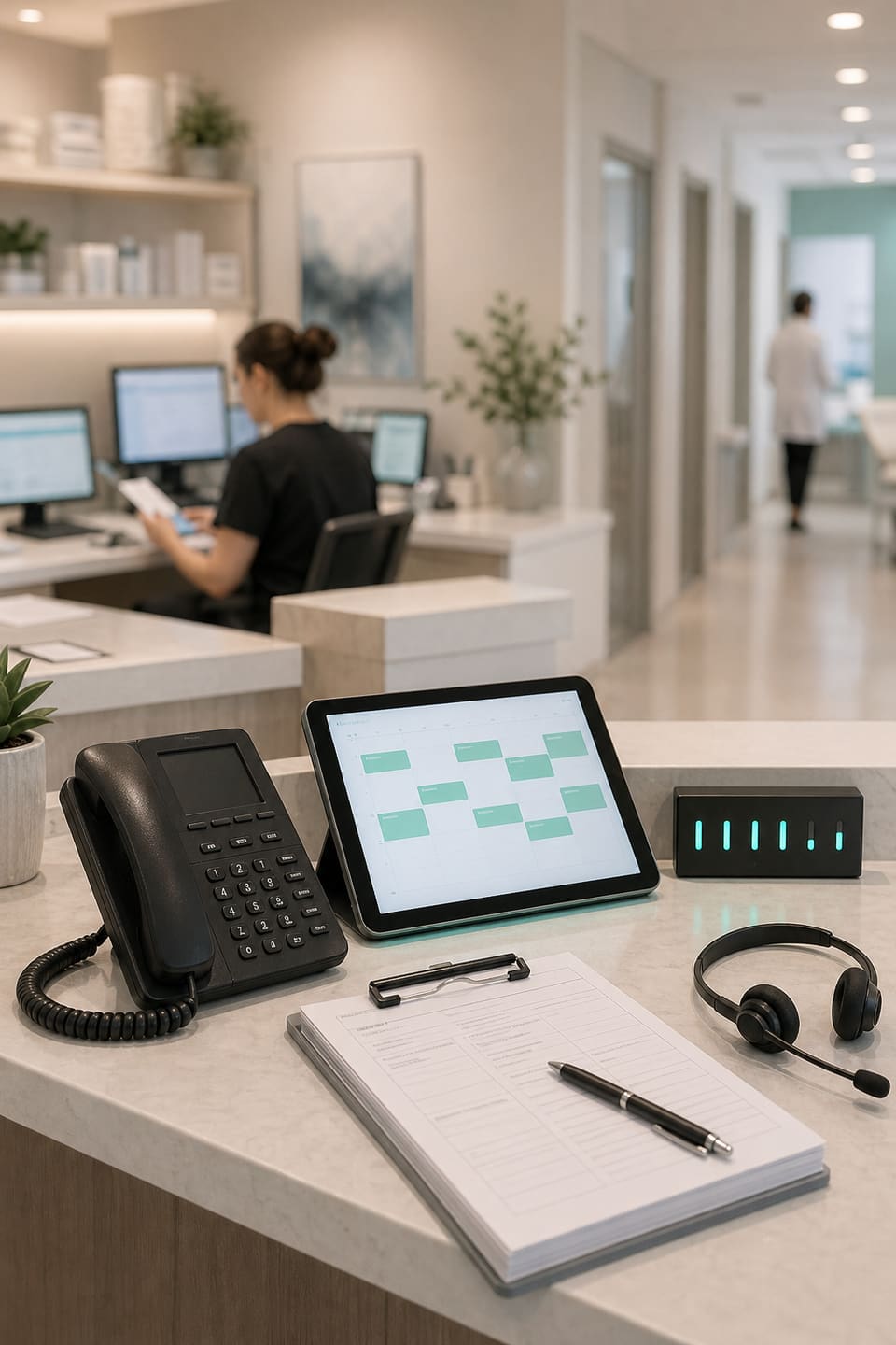 Dermatology front desk workspace with phone, headset, intake forms, and scheduling tablet.