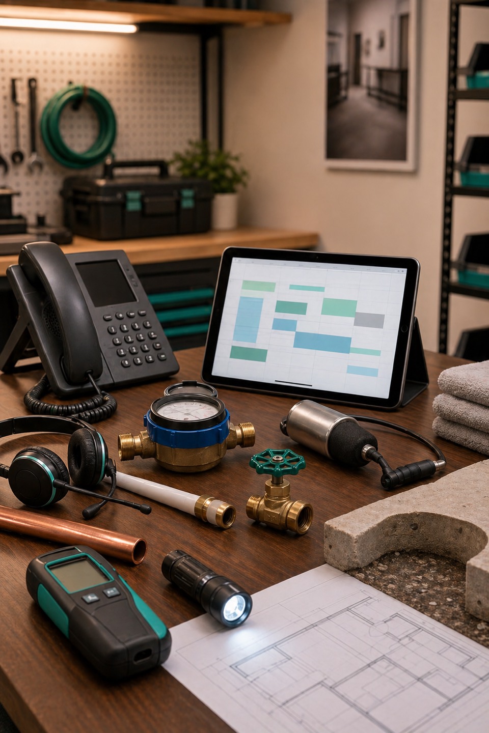 Slab leak plumbing dispatch workbench with phone, headset, scheduling tablet, water meter, leak detection sensor, shutoff valve, and slab inspection context.