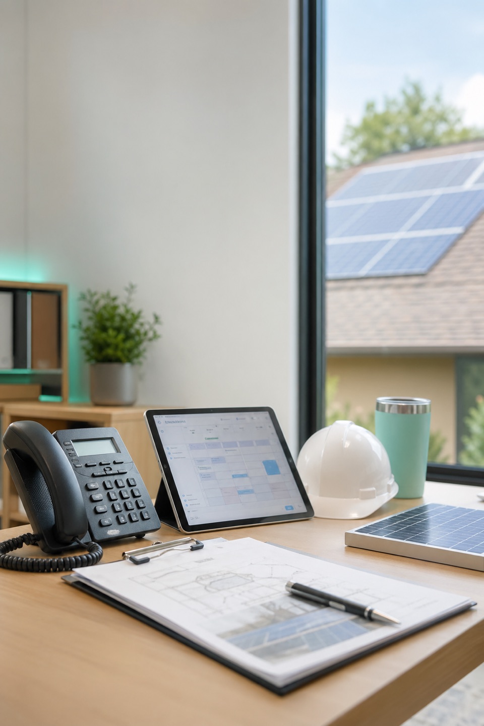 Solar installer scheduling desk with phone, tablet calendar, hard hat, roof plans, and rooftop solar panels.