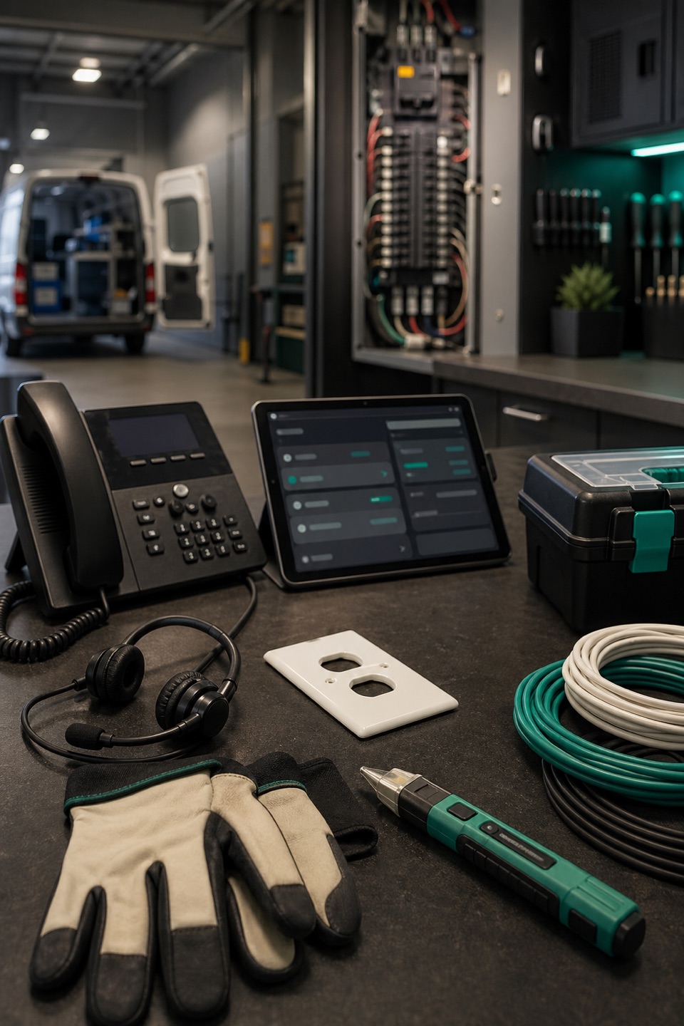 Emergency electrician dispatch workbench with phone, status tablet, outlet cover, insulated gloves, voltage tester, and subtle teal accents.
