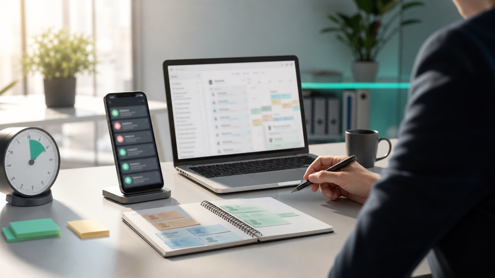 Revenue team desk with incoming lead phone notifications, a laptop calendar, timer, and lead cards for speed-to-lead conversion planning.