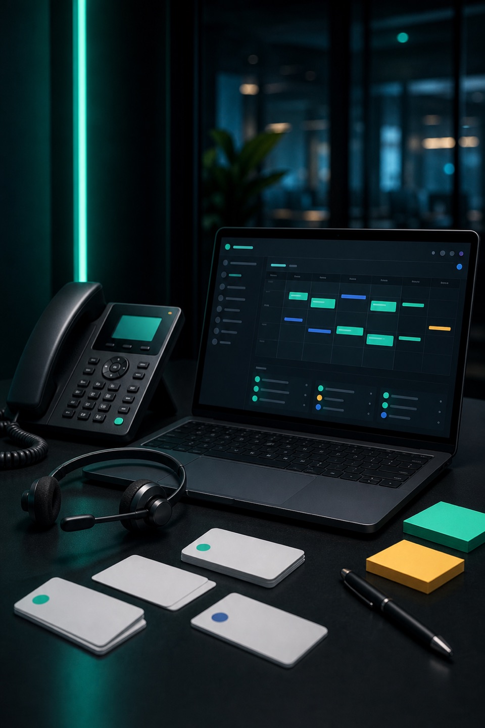 Staffing recruiter follow-up desk with phone, headset, interview calendar, candidate cards, and teal scheduling dashboard.