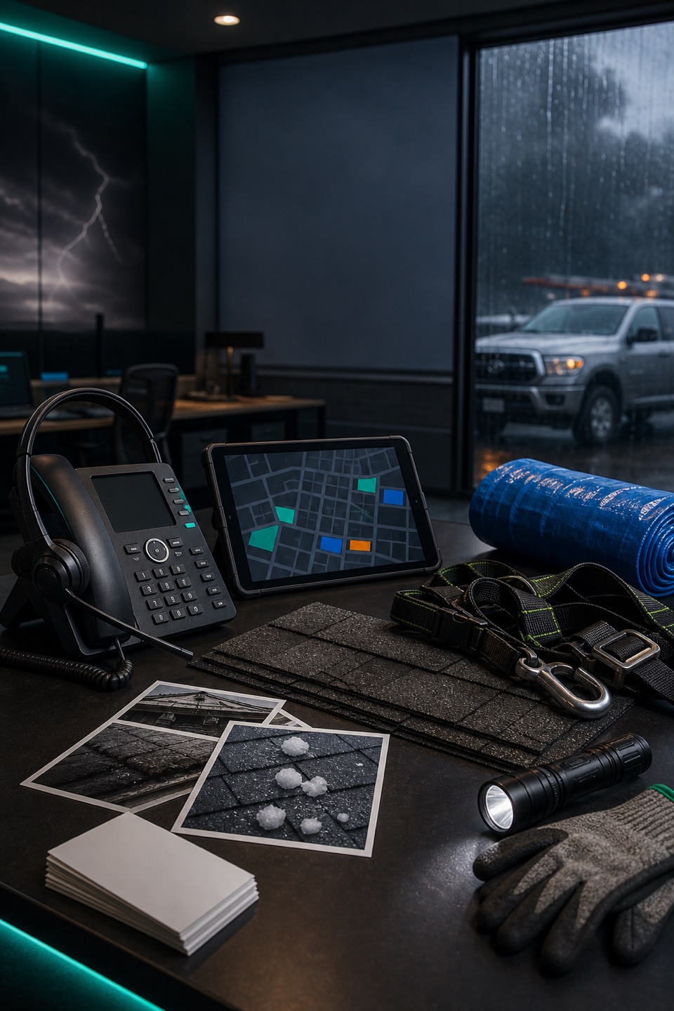 Storm roof damage dispatch desk with phone, headset, route tablet, hail-damage photo cards, shingles, tarp roll, safety harness, and rainy service truck.