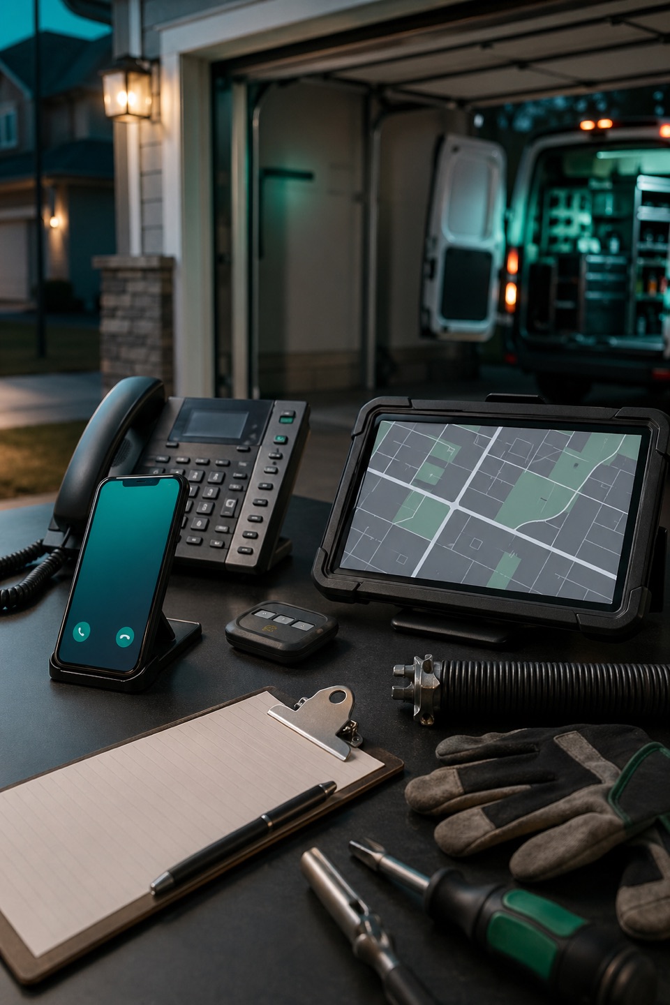 Emergency garage door dispatch workbench with phone, route tablet, opener remote, safety gloves, and open garage bay.