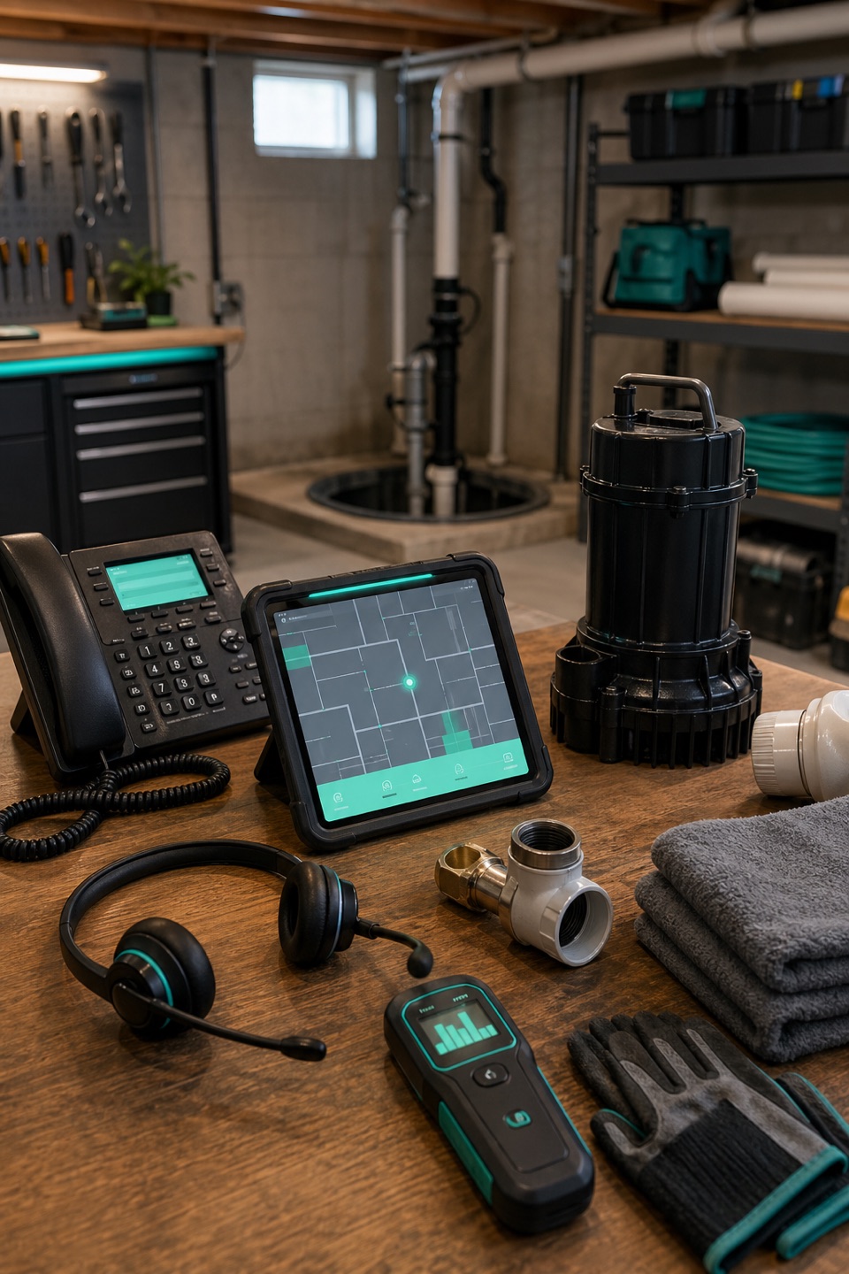 Emergency sump pump dispatch workbench with phone, headset, route tablet, sump pump, discharge fittings, moisture meter, gloves, and basement utility context.
