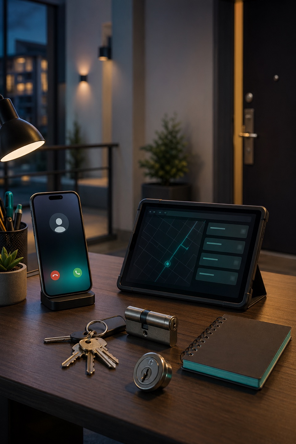 After-hours tenant lockout dispatch desk with phone, route tablet, apartment keys, lock cylinder, and apartment entry context.
