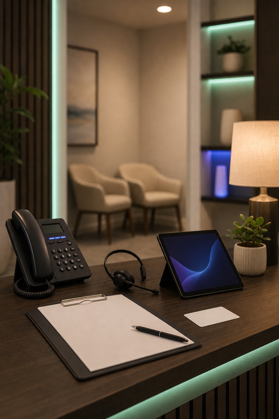 Therapy practice new-client intake desk with phone, headset, blank intake clipboard, appointment tablet, and calm waiting area.