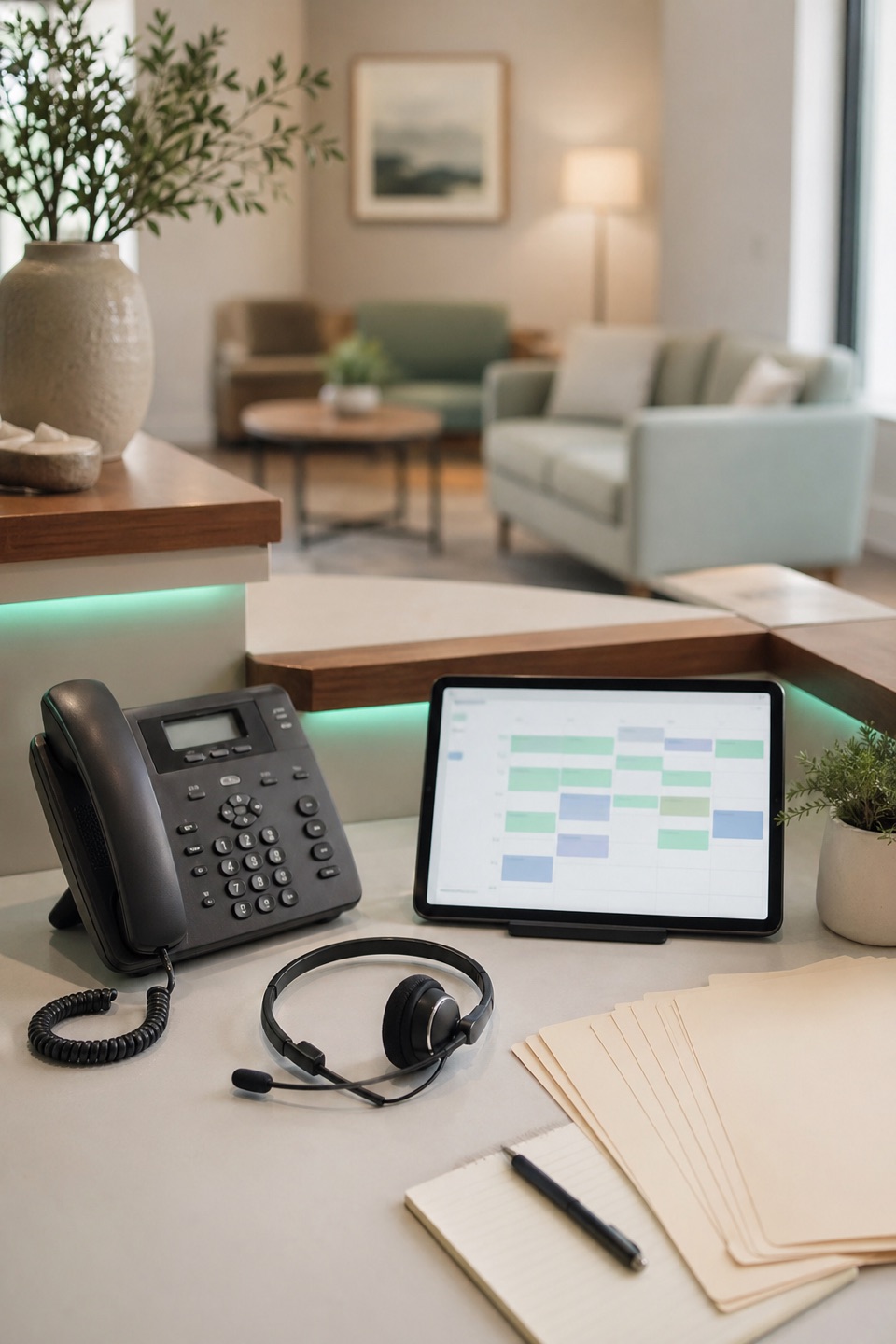 Therapy practice intake desk with phone, appointment tablet, headset, calm office seating, and subtle teal accents.