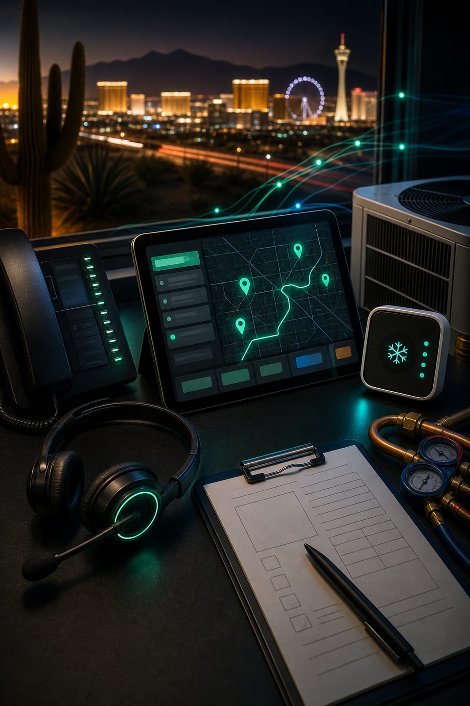Las Vegas HVAC dispatch desk with phone, headset, dispatch tablet, thermostat, AC equipment, and no-cool call-flow context.