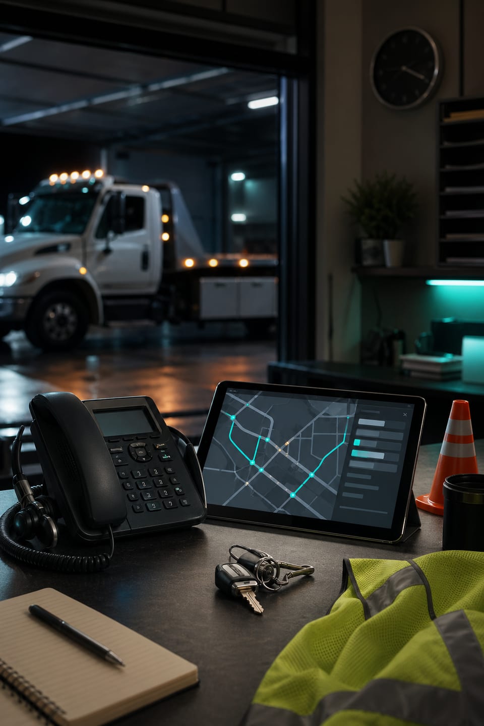 Towing company dispatch desk with phone, route tablet, safety vest, keys, cone, and tow truck in the garage.