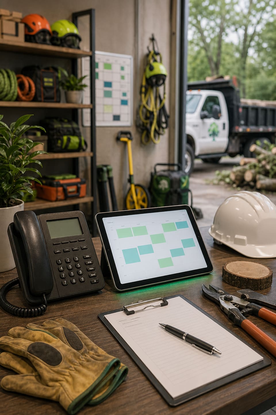 Tree service estimate desk with phone, route tablet, arborist tools, and service truck background.