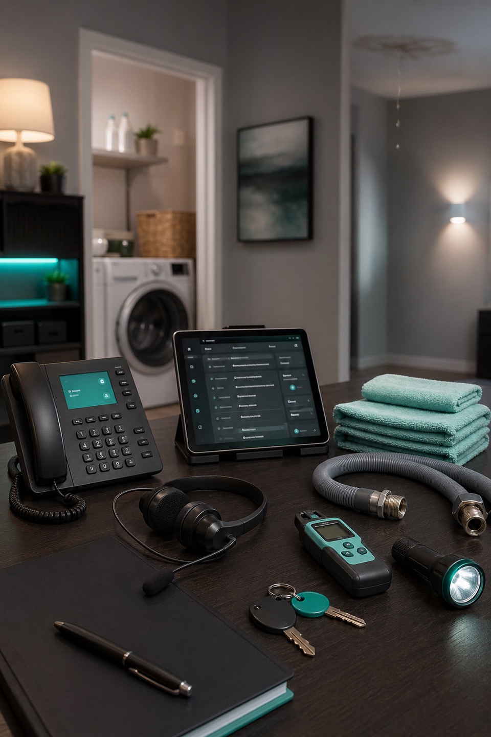 Property management upstairs laundry leak intake desk with phone, headset, status tablet, apartment keys, washer hose, moisture meter, and ceiling drip context.