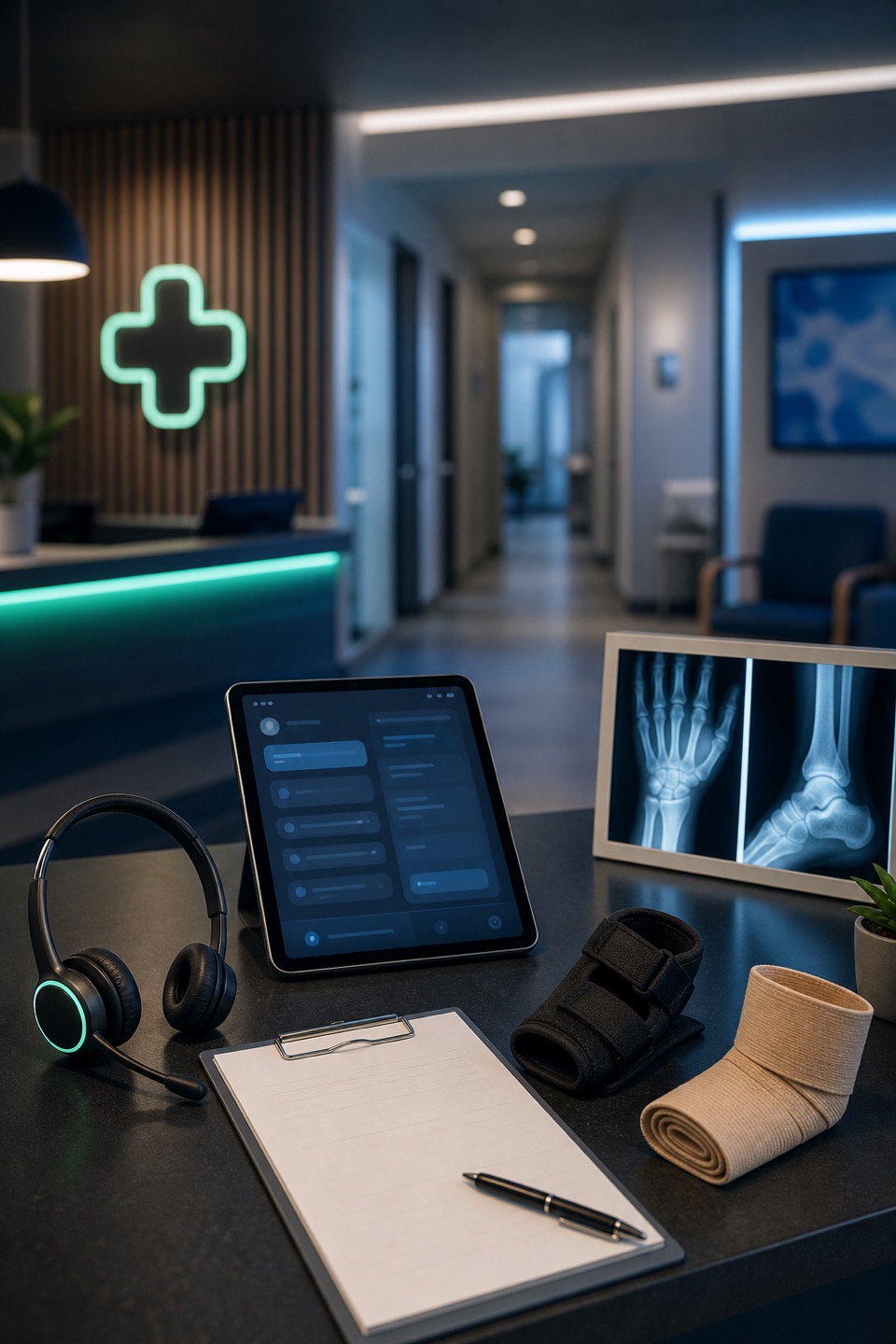 Urgent care injury intake desk with phone, headset, appointment tablet, X-ray viewer, wrist brace, ankle wrap, and clinic hallway.