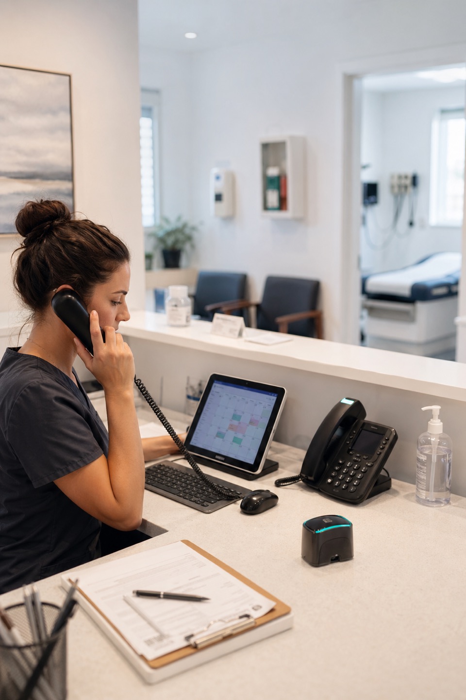 Urgent care clinic intake desk with phone, scheduling tablet, forms, sanitizer, and exam room background.