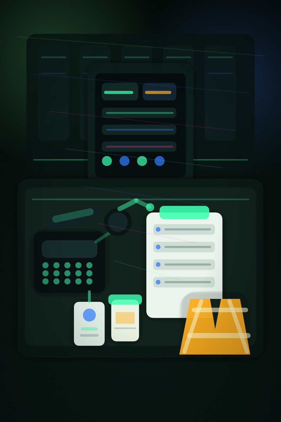 Urgent care occupational medicine intake desk with phone, headset, appointment tablet, safety vest, blank forms, specimen cup, and clinic hallway.
