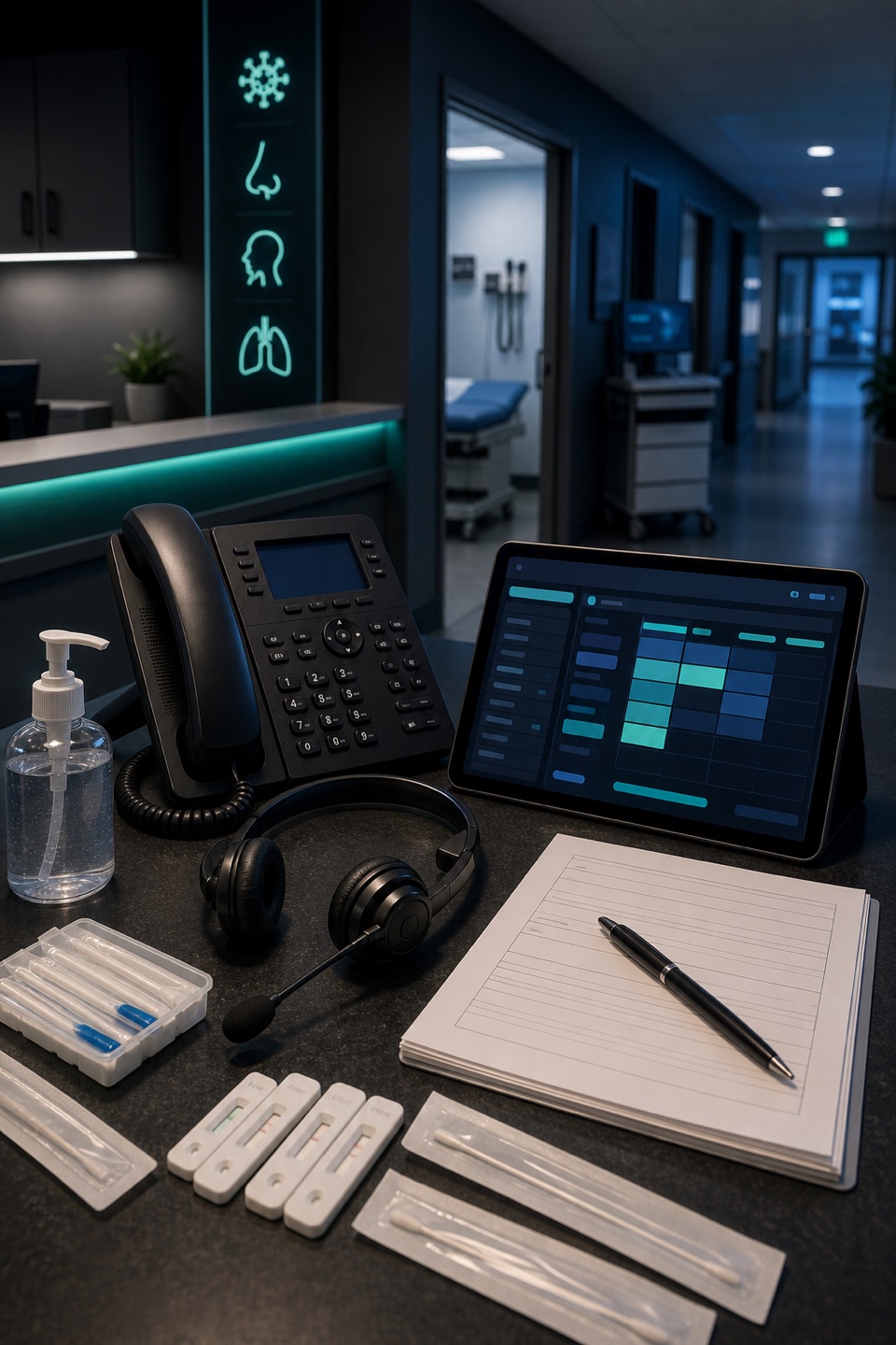 Urgent care testing-call desk with phone, headset, scheduling tablet, rapid test cassettes, swabs, sanitizer, and clinic hallway.