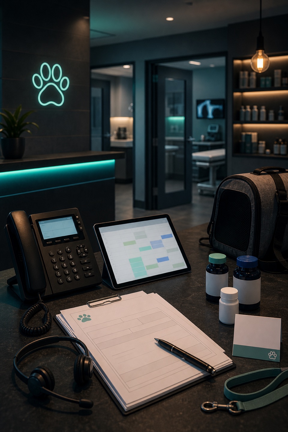 Veterinary clinic call desk with phone, headset, appointment tablet, refill forms, pet medication bottles, and exam hallway.