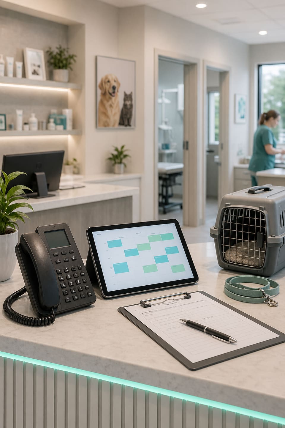 Veterinary clinic front desk with phone, appointment tablet, and pet care intake materials.
